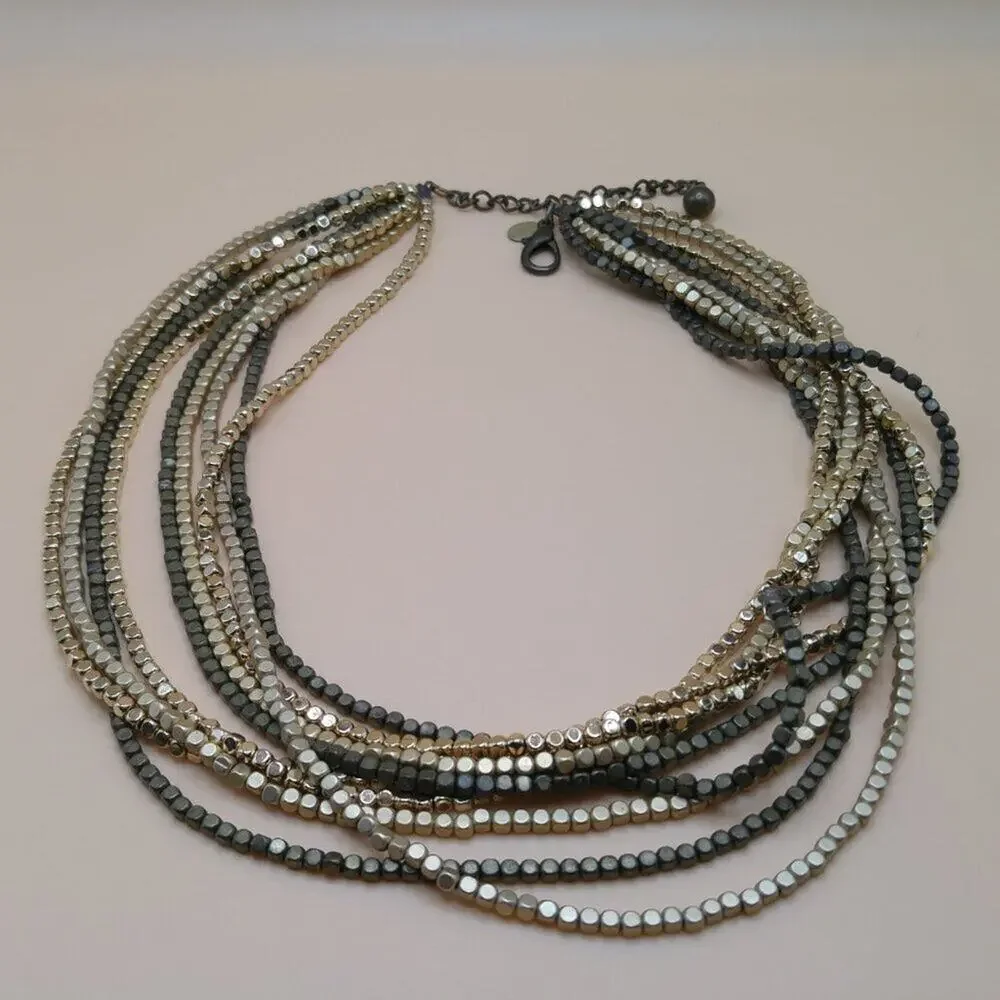 Chico’s Multistrand Metallic Gold Cube Bead Necklace Layered Statement